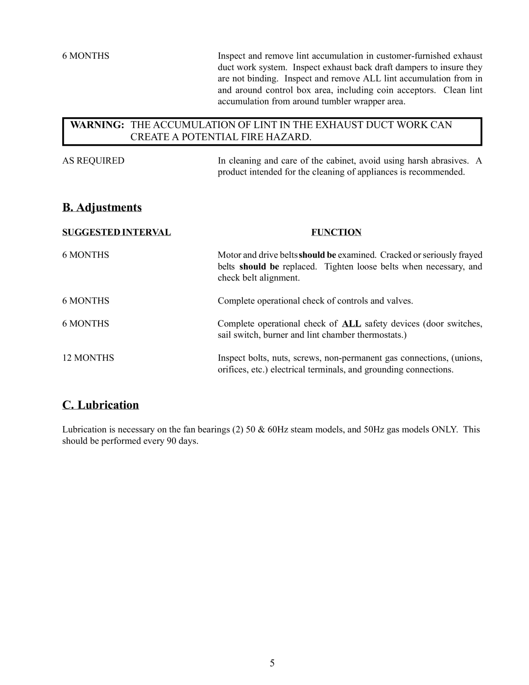 American Dryer Corp AD-170 service manual Adjustments, Lubrication 