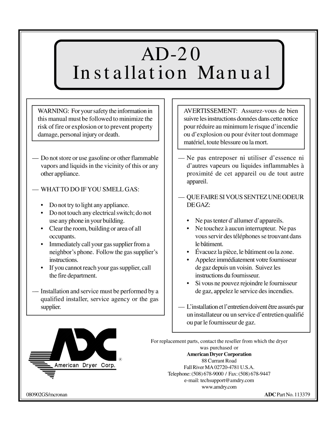 American Dryer Corp installation manual AD-20 Installation Manual 