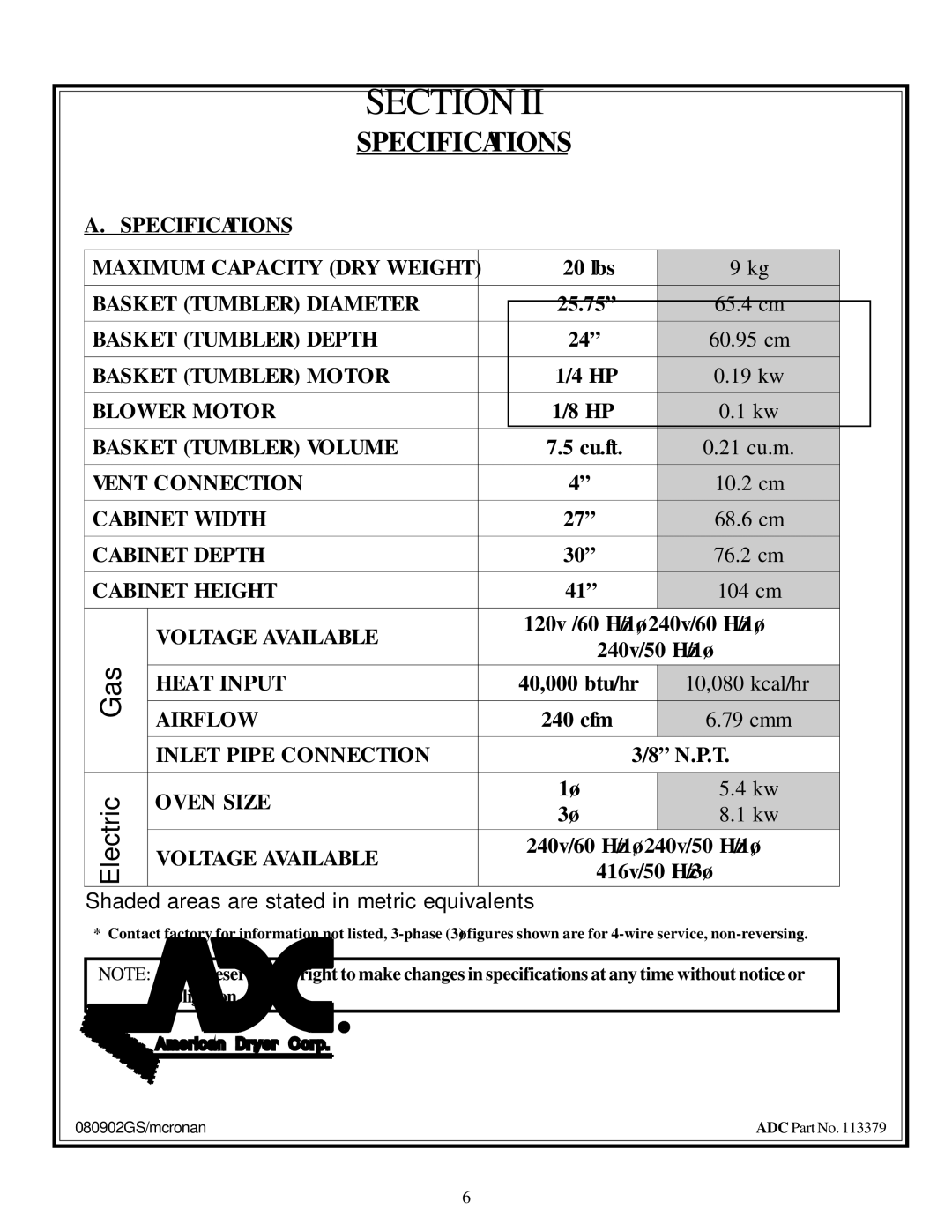 American Dryer Corp AD-20 installation manual Specifications 