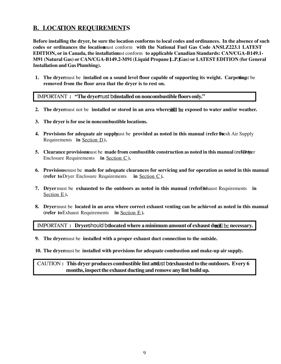 American Dryer Corp AD-20 installation manual Location Requirements 