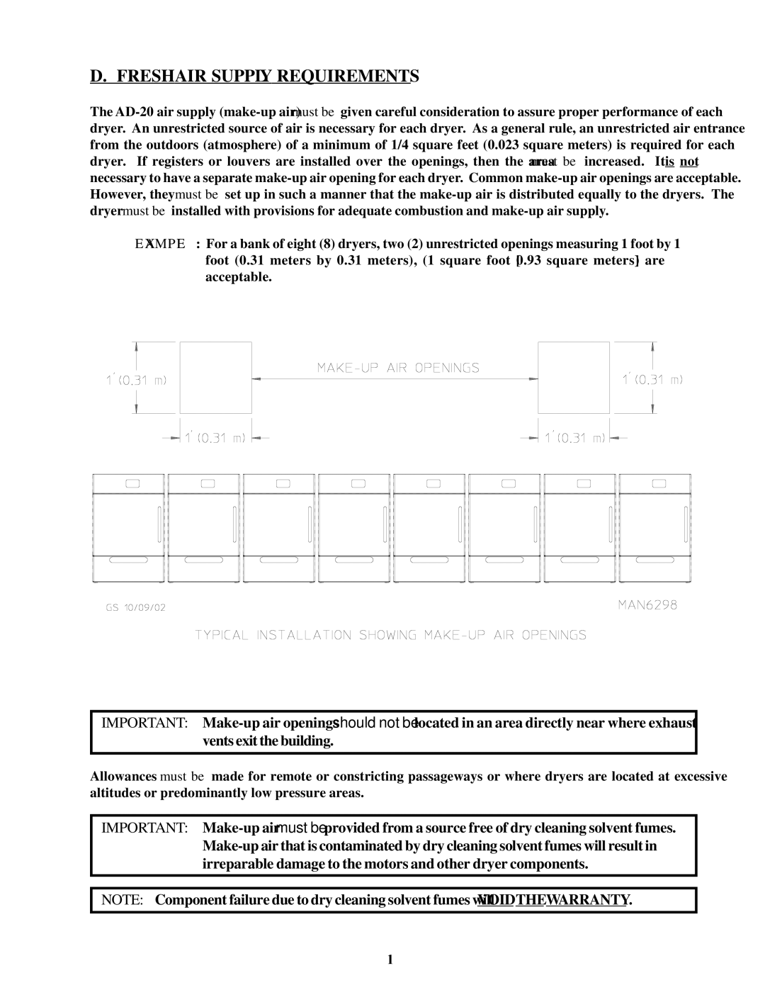 American Dryer Corp AD-20 installation manual Fresh AIR Supply Requirements 