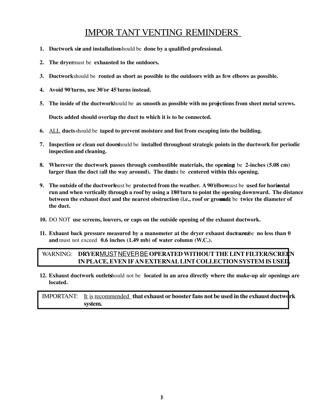 American Dryer Corp AD-20 installation manual Important Venting Reminders 