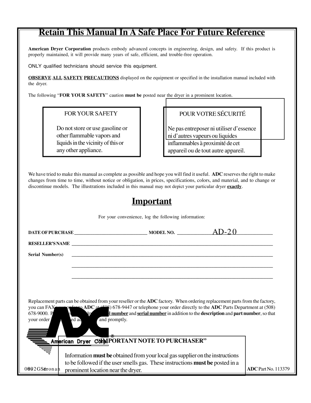 American Dryer Corp AD-20 installation manual Retain This Manual In a Safe Place For Future Reference 