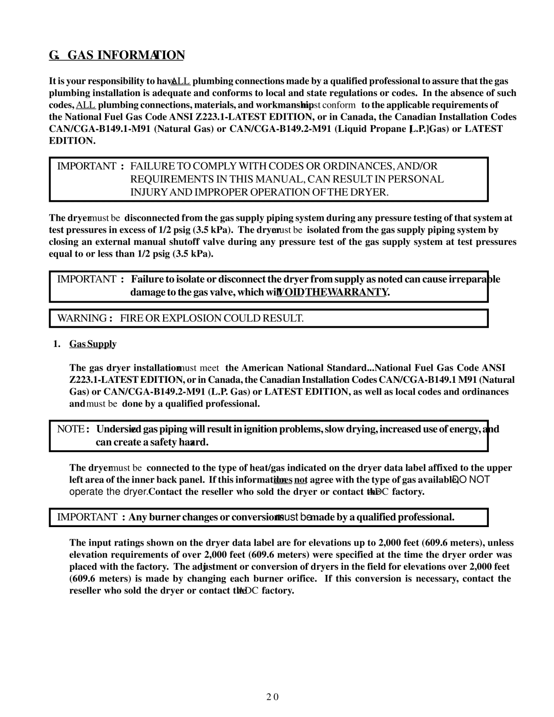 American Dryer Corp AD-20 installation manual GAS Information 