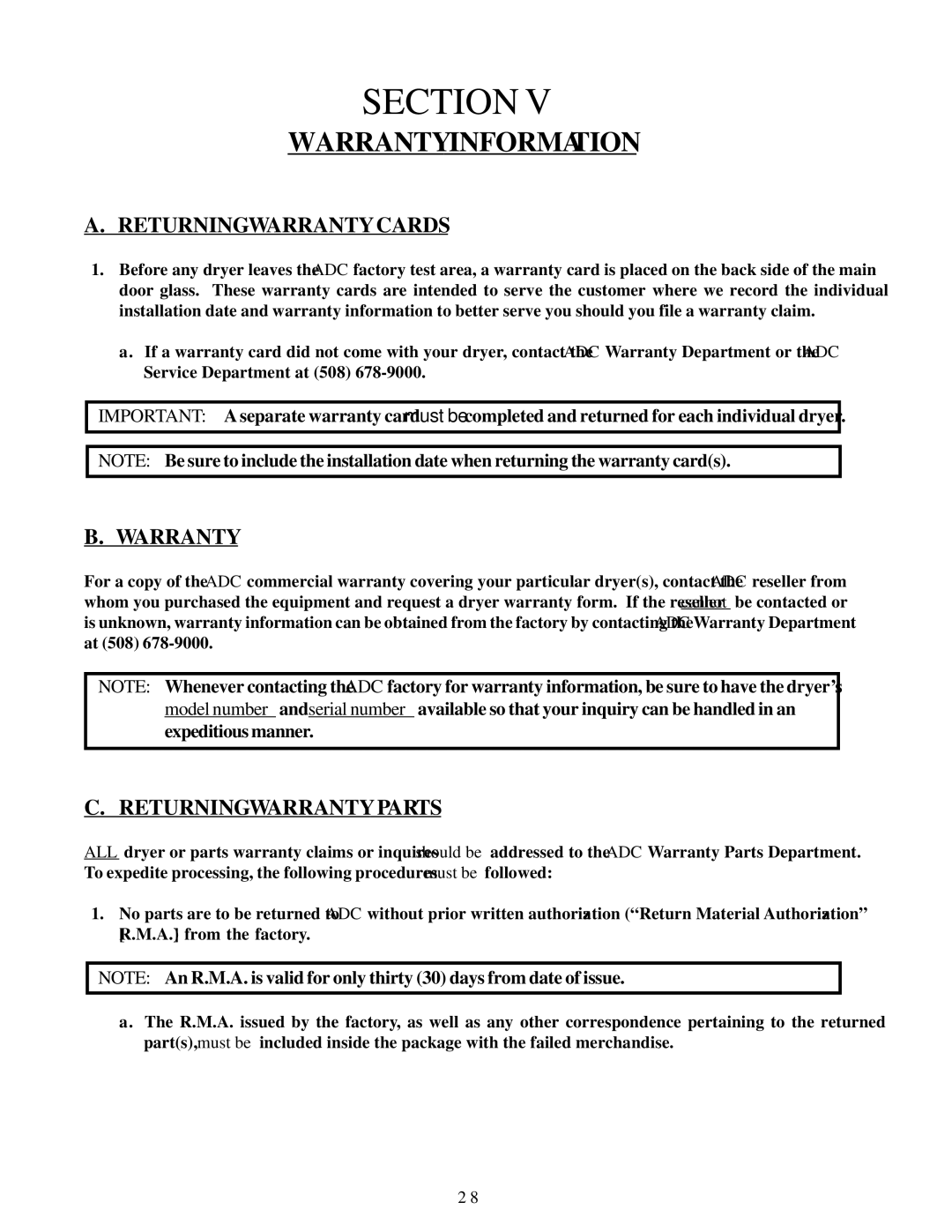 American Dryer Corp AD-20 installation manual Warranty Information, Returning Warranty Cards, Returning Warranty Parts 