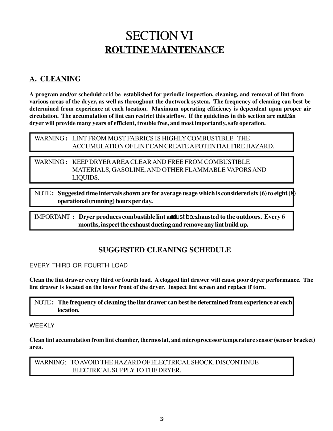 American Dryer Corp AD-20 installation manual Routine Maintenance, Suggested Cleaning Schedule 