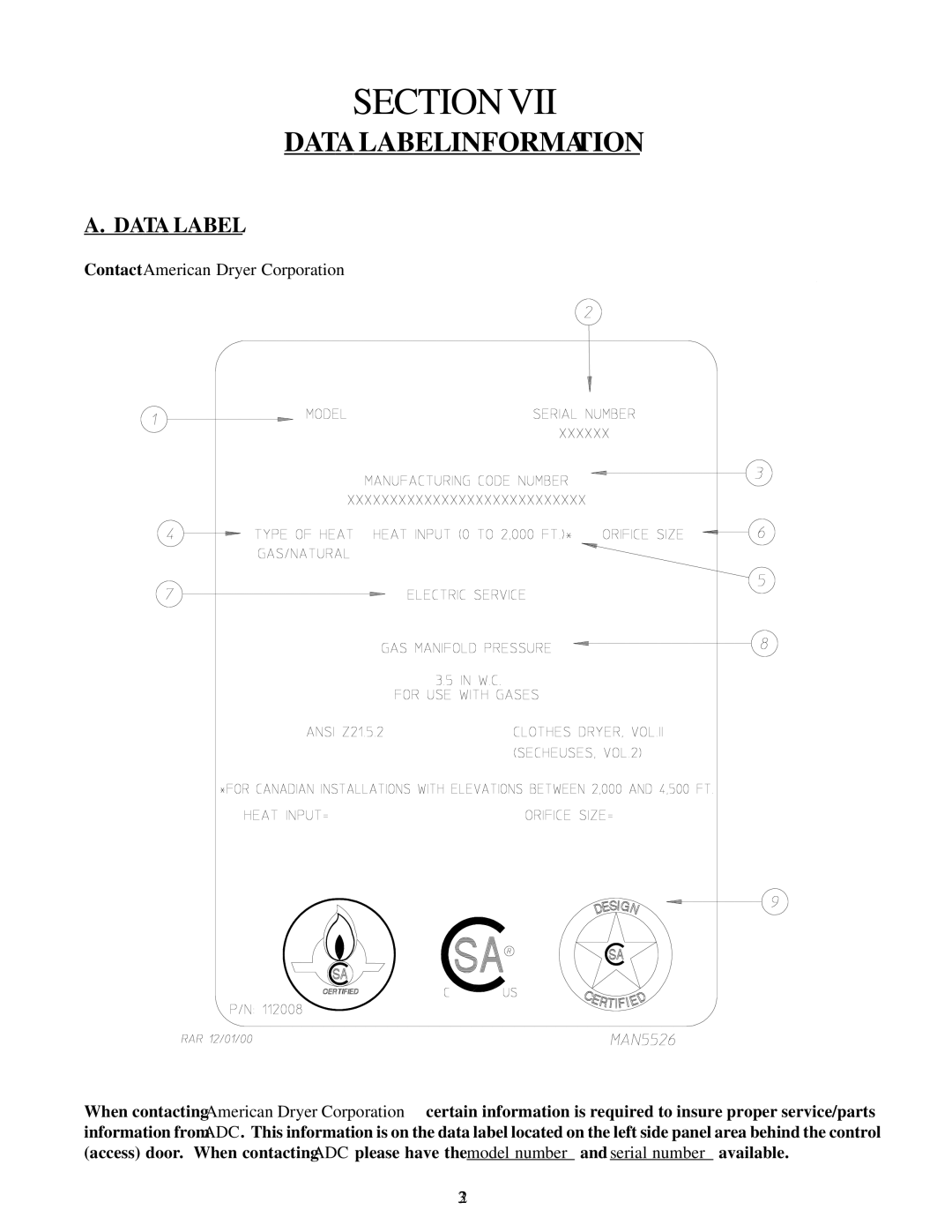 American Dryer Corp AD-20 installation manual Data Label Information 