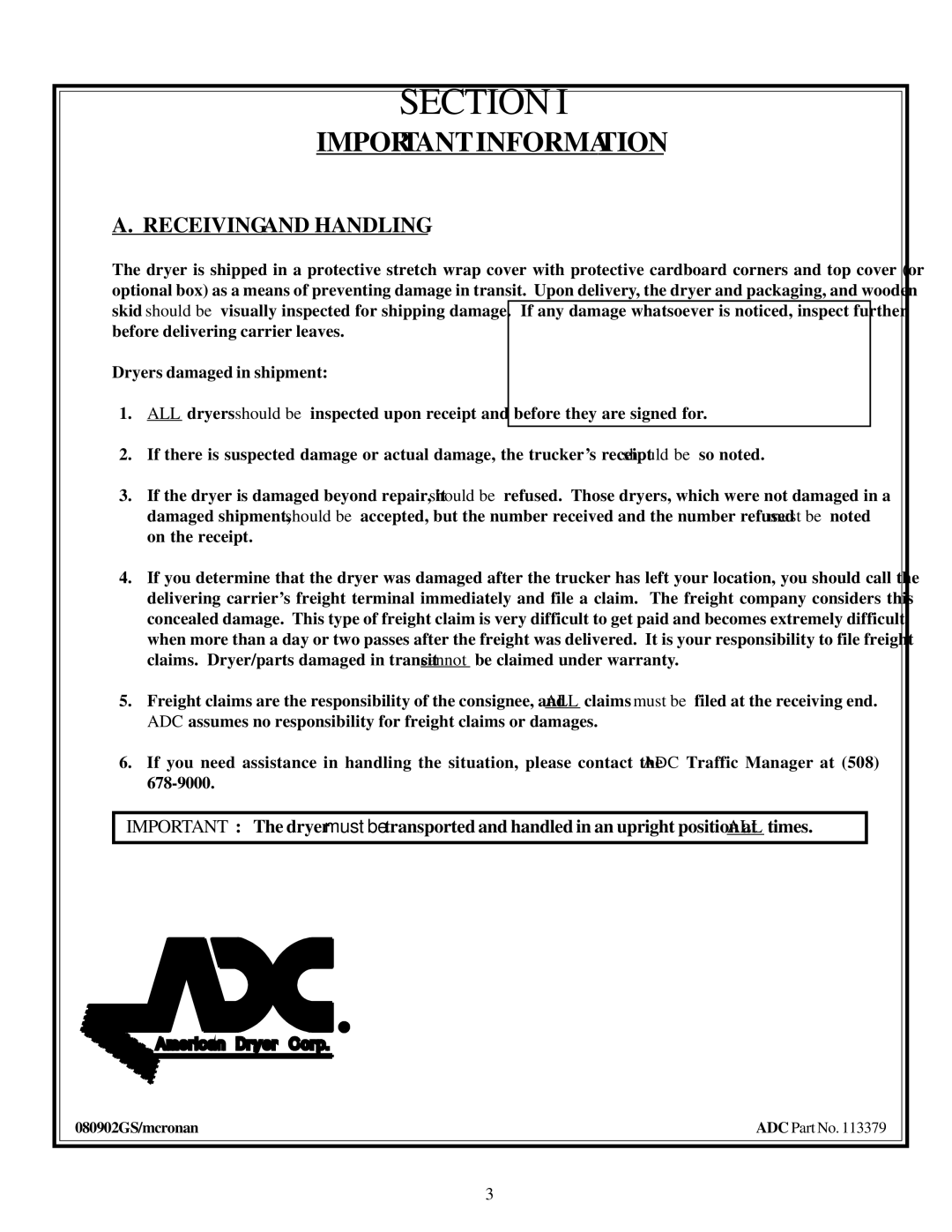 American Dryer Corp AD-20 installation manual Important Information, Receiving and Handling 