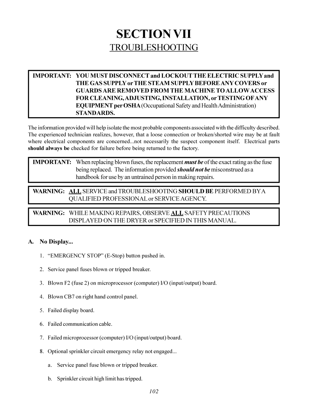 American Dryer Corp AD-200 PHASE 7 service manual Troubleshooting 