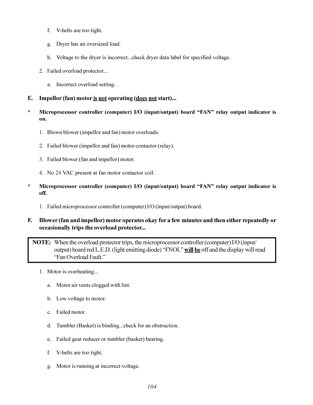 American Dryer Corp AD-200 PHASE 7 service manual Impellor fan motor is not operating does not start 