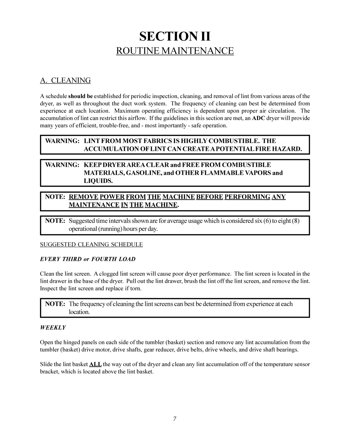 American Dryer Corp AD-200 PHASE 7 service manual Cleaning, Liquids 