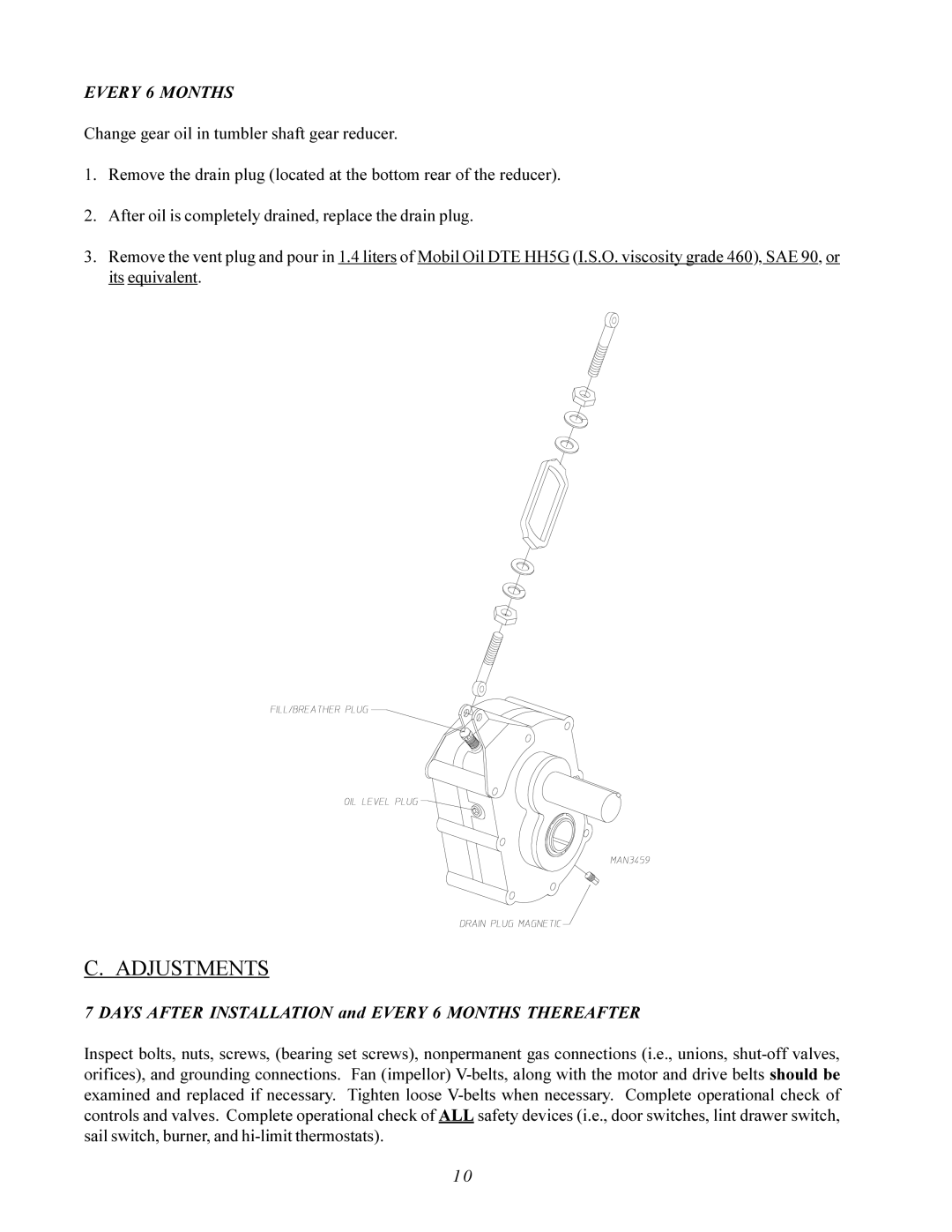 American Dryer Corp AD-200 PHASE 7 service manual Adjustments, Days After Installation and Every 6 Months Thereafter 