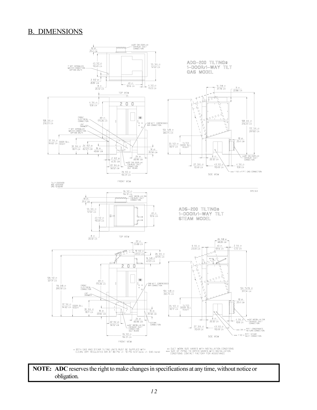 American Dryer Corp AD-200 PHASE 7 service manual Dimensions 