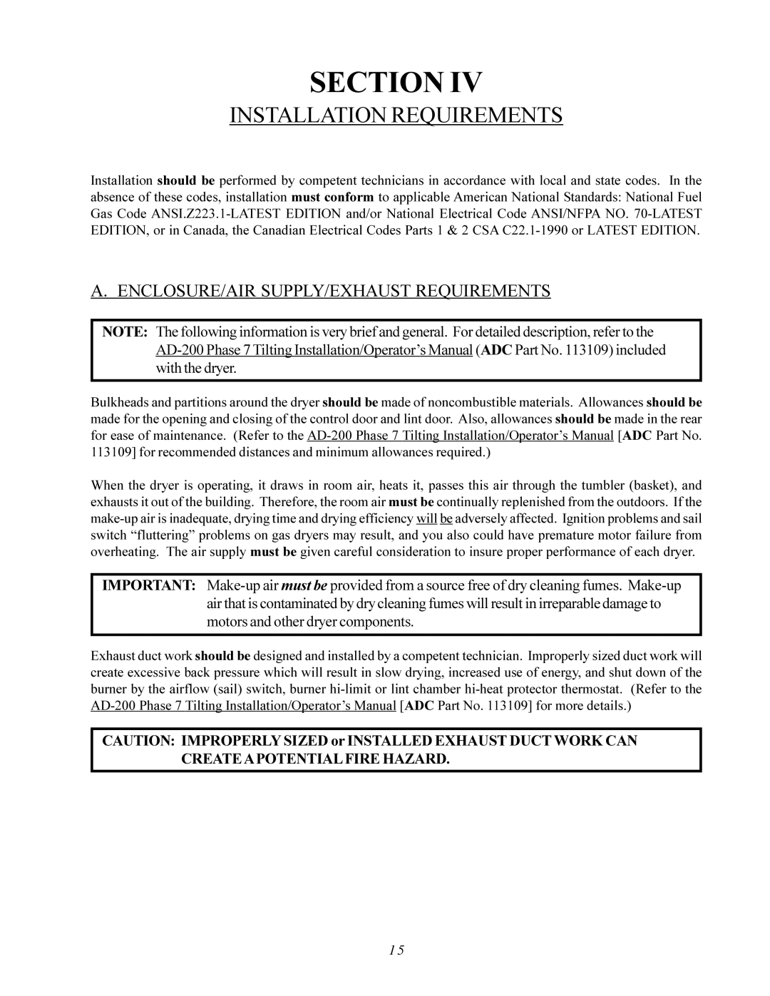 American Dryer Corp AD-200 PHASE 7 service manual Installation Requirements, ENCLOSURE/AIR SUPPLY/EXHAUST Requirements 