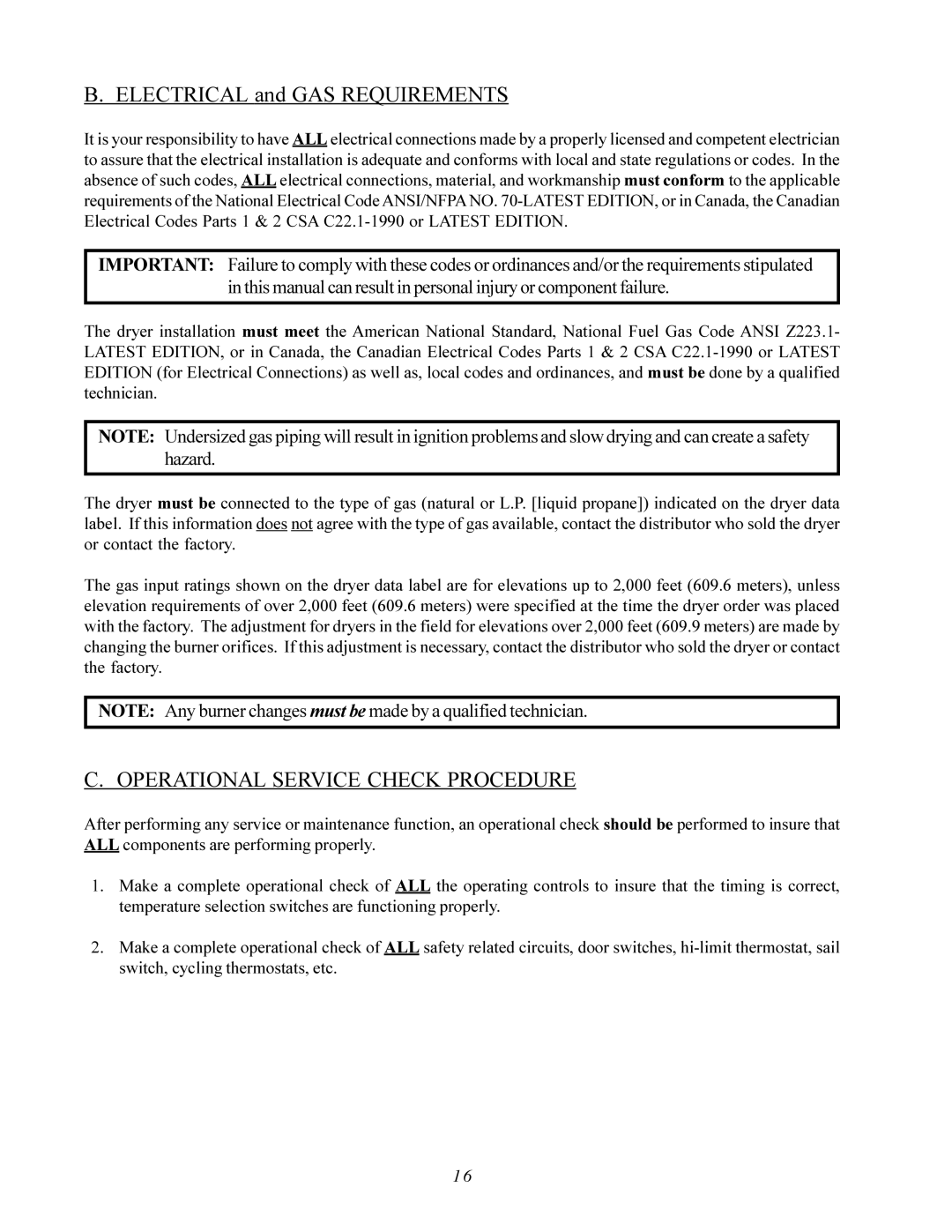 American Dryer Corp AD-200 PHASE 7 service manual Electrical and GAS Requirements, Operational Service Check Procedure 