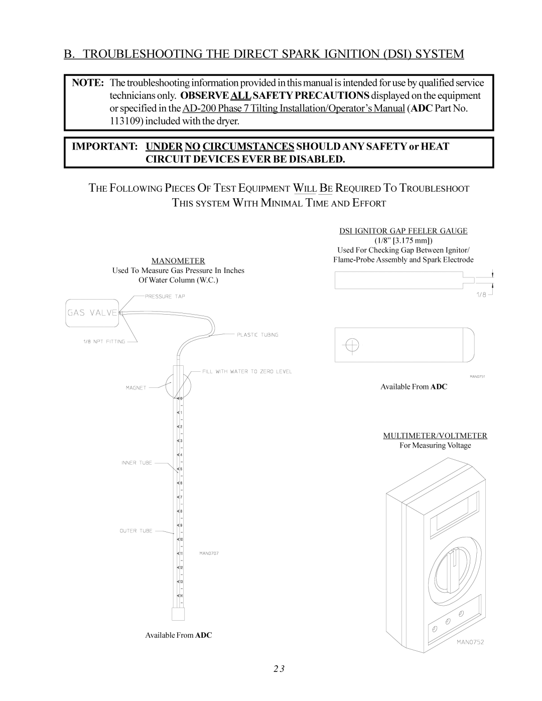 American Dryer Corp AD-200 PHASE 7 Troubleshooting the Direct Spark Ignition DSI System, DSI Ignitor GAP Feeler Gauge 