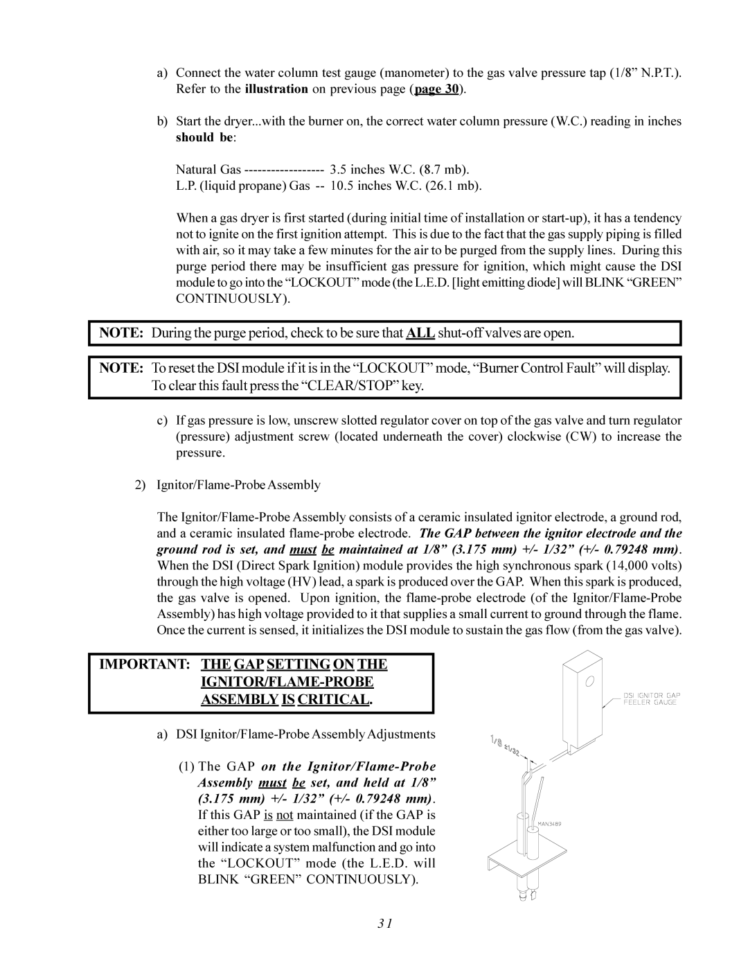 American Dryer Corp AD-200 PHASE 7 service manual Continuously, DSI Ignitor/Flame-Probe Assembly Adjustments 