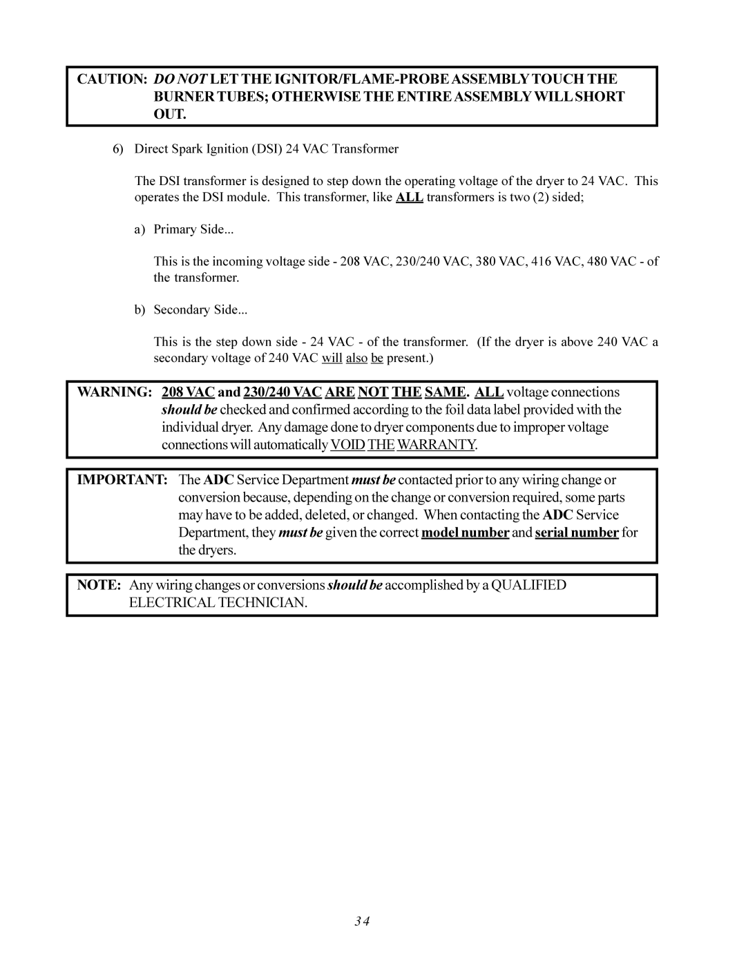 American Dryer Corp AD-200 PHASE 7 service manual Direct Spark Ignition DSI 24 VAC Transformer 