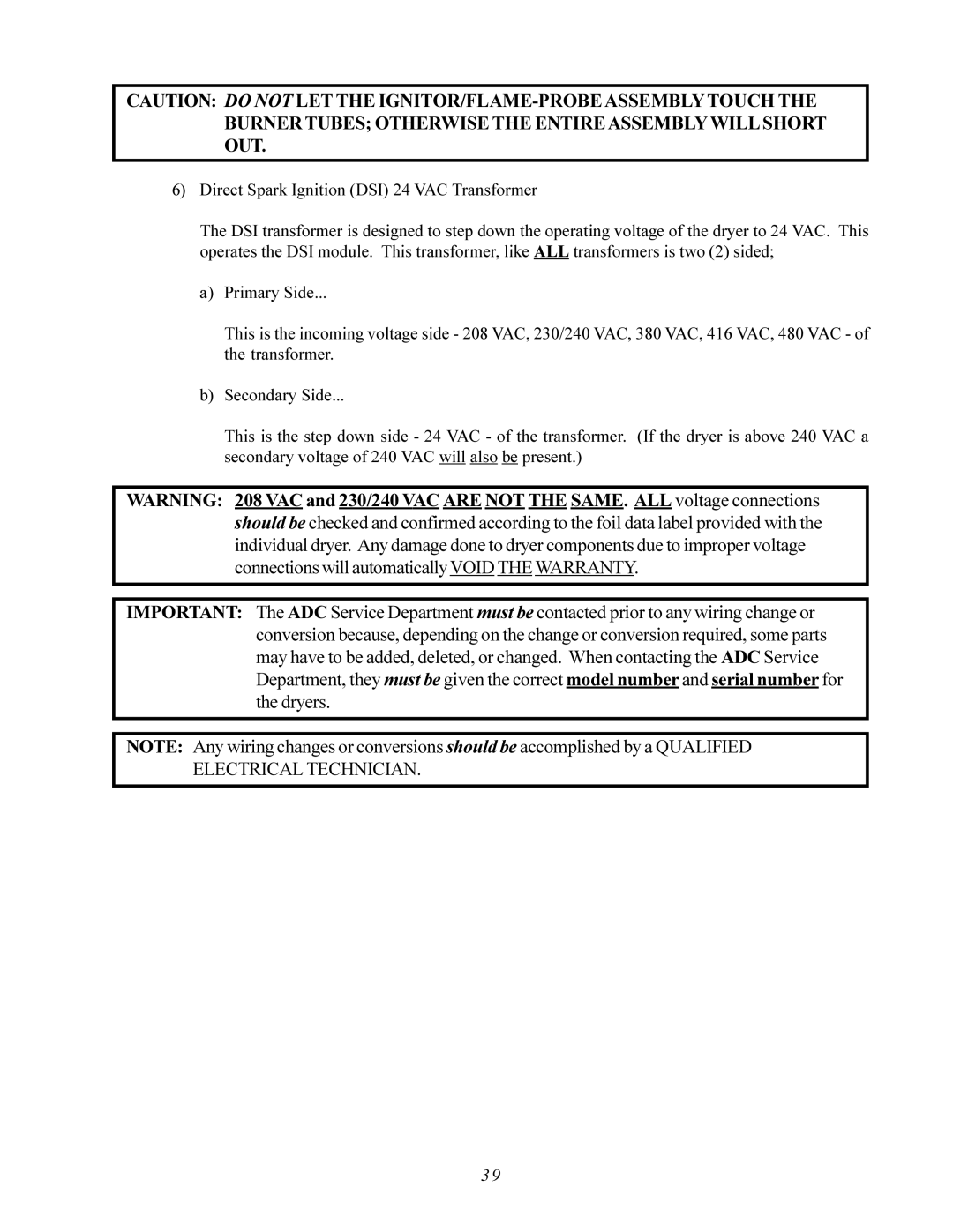 American Dryer Corp AD-200 PHASE 7 service manual Direct Spark Ignition DSI 24 VAC Transformer 