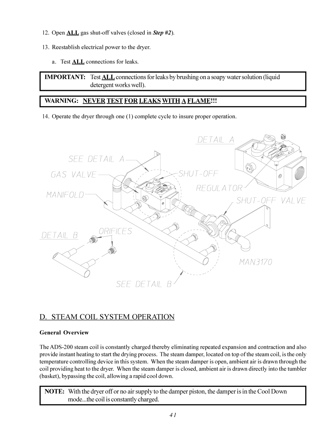 American Dryer Corp AD-200 PHASE 7 Steam Coil System Operation, Open ALL gas shut-off valves closed in Step #2 