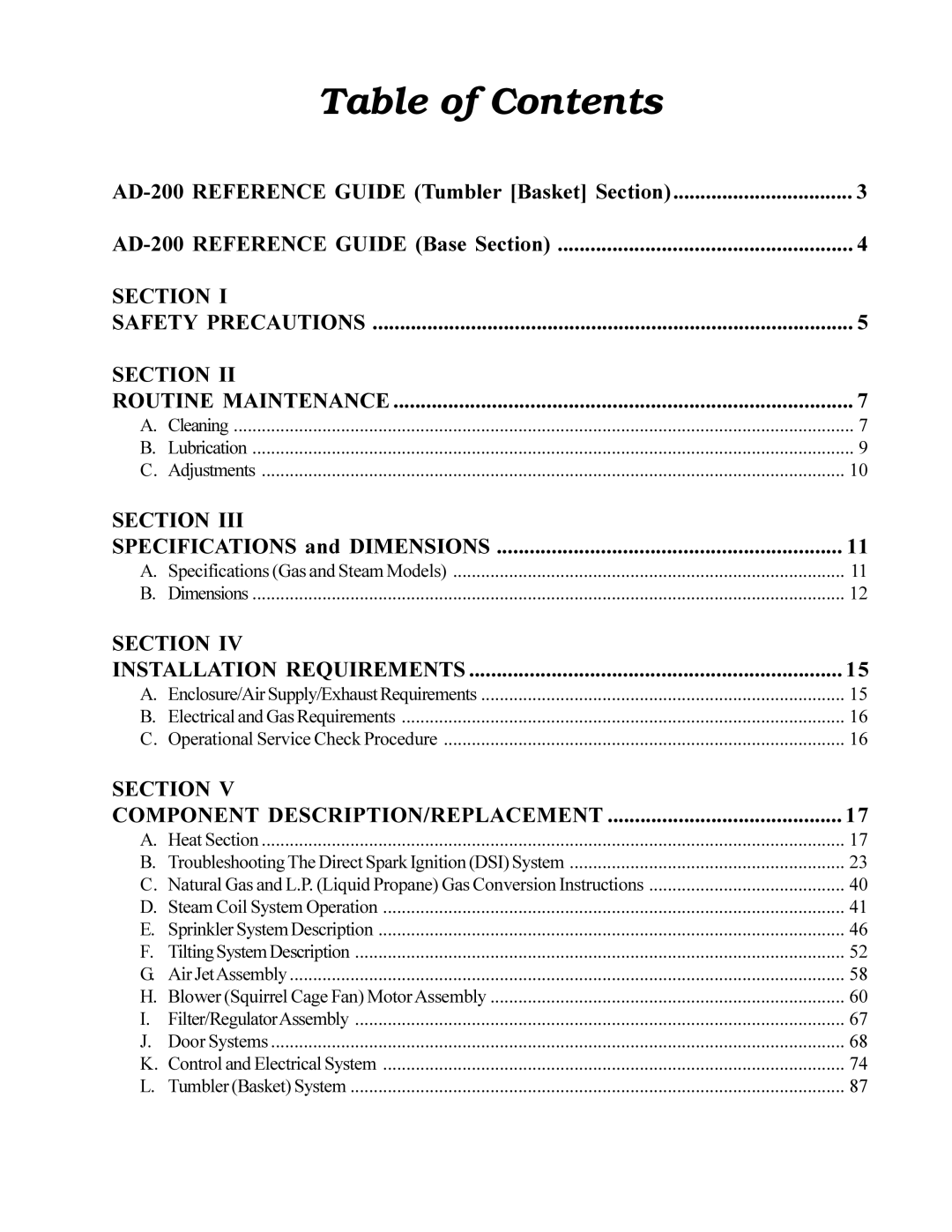 American Dryer Corp AD-200 PHASE 7 service manual Table of Contents 