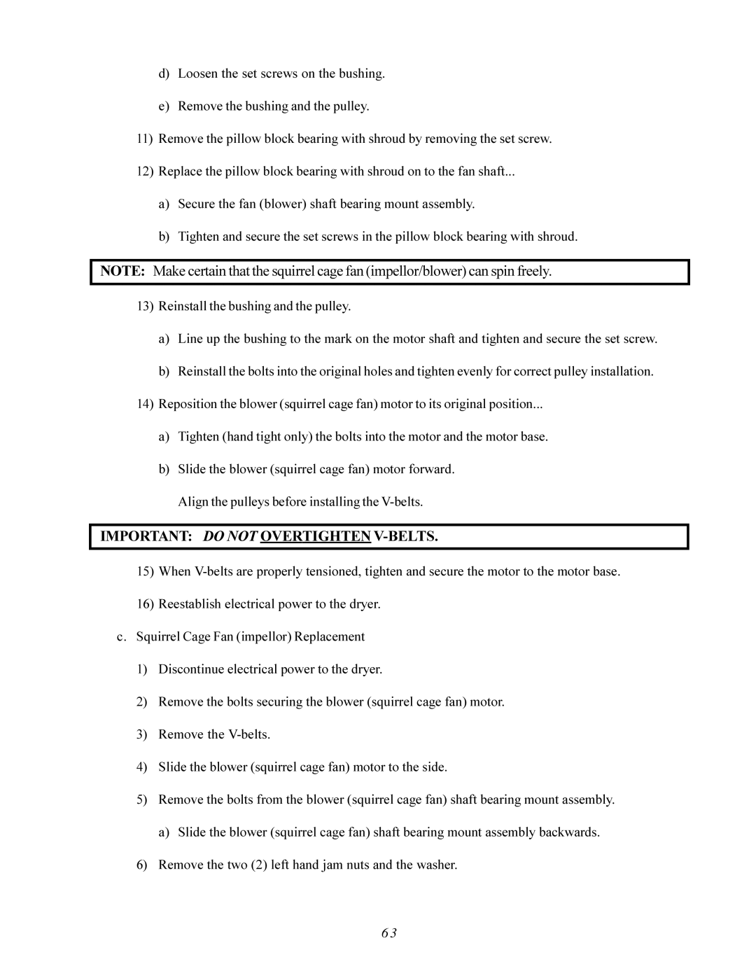 American Dryer Corp AD-200 PHASE 7 service manual Important do not Overtighten V-BELTS 