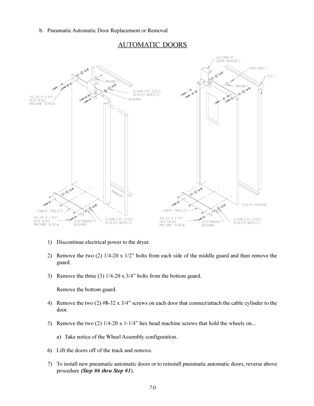 American Dryer Corp AD-200 PHASE 7 service manual Automatic Doors, Pneumatic Automatic Door Replacement or Removal 