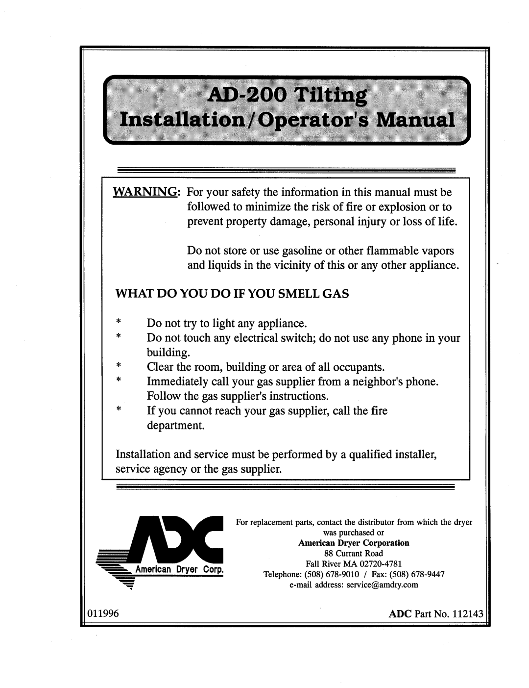 American Dryer Corp AD-200 Tilting manual 