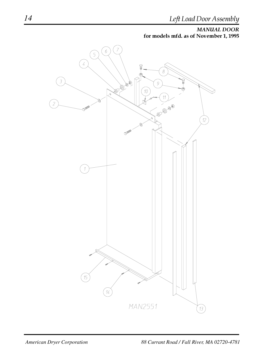 American Dryer Corp AD-200 manual 14Left Load Door Assembly 