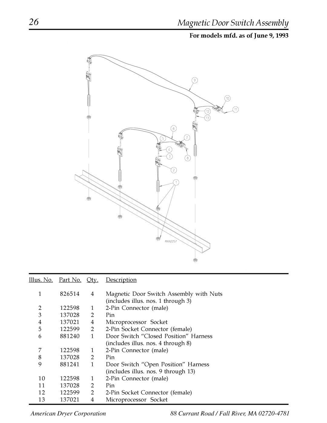 American Dryer Corp AD-200 manual Magnetic Door Switch Assembly 