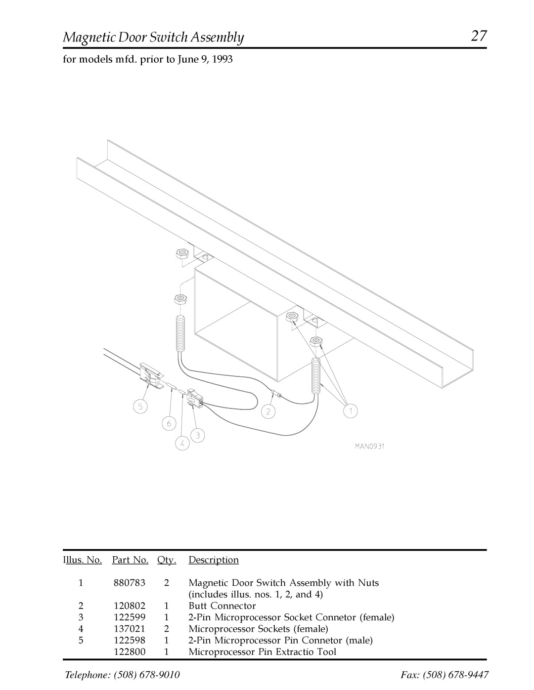 American Dryer Corp AD-200 manual Magnetic Door Switch Assembly 