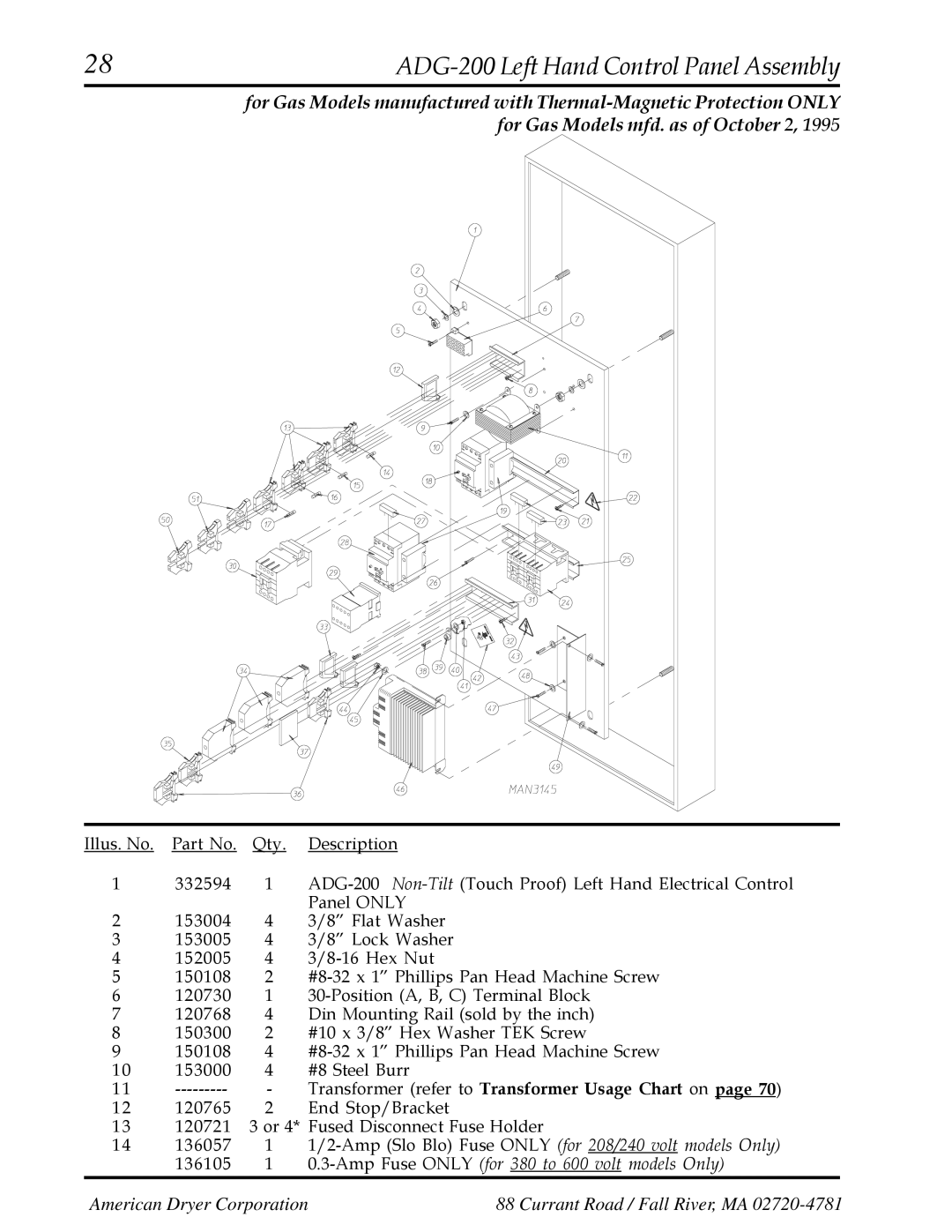 American Dryer Corp AD-200 manual 28ADG-200 Left Hand Control Panel Assembly 