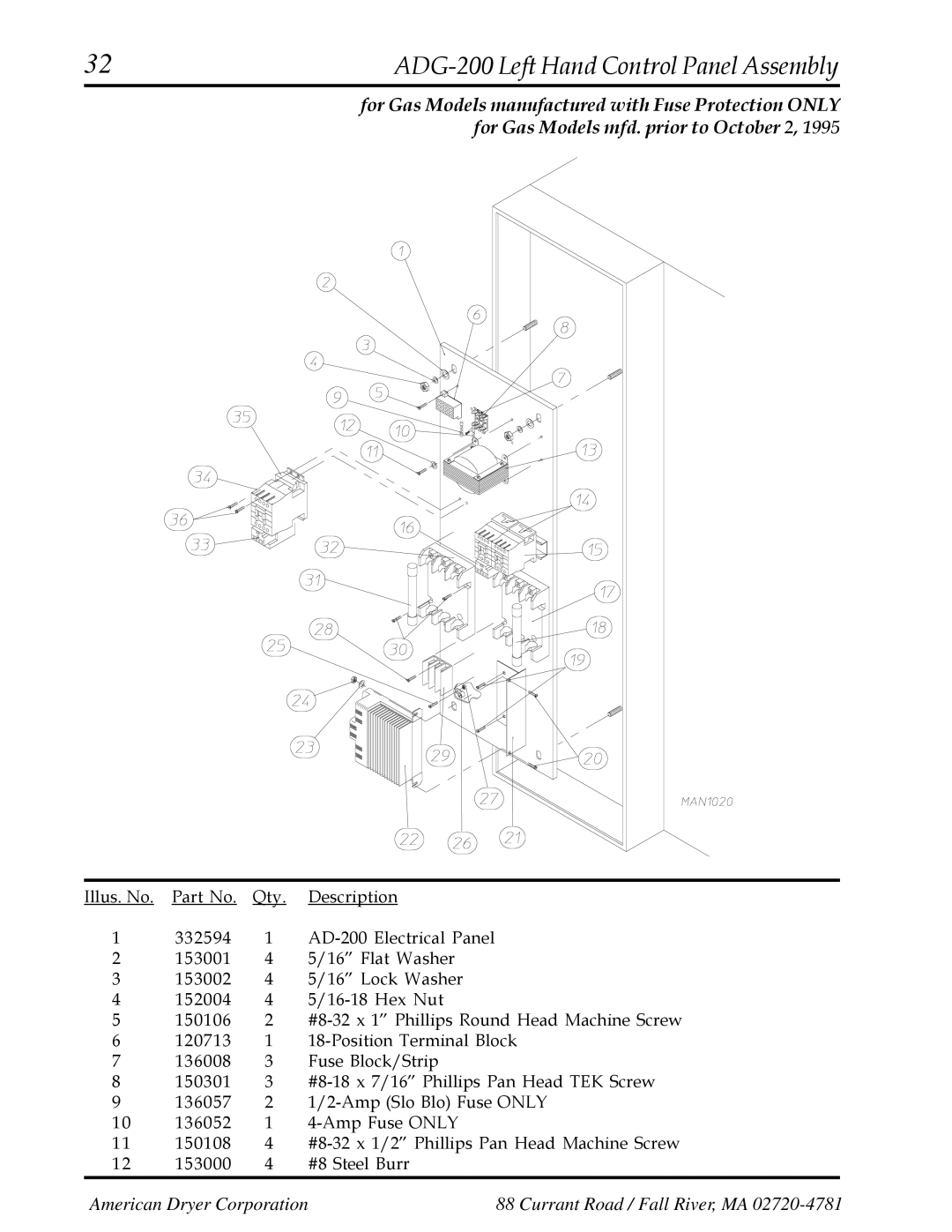 American Dryer Corp AD-200 manual 32ADG-200 Left Hand Control Panel Assembly 