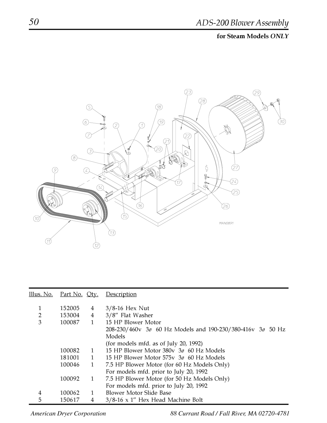 American Dryer Corp AD-200 manual ADS-200 Blower Assembly 