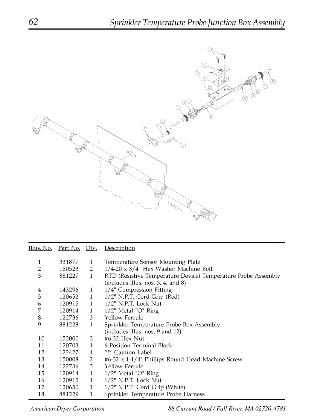 American Dryer Corp AD-200 manual Sprinkler Temperature Probe Junction Box Assembly 