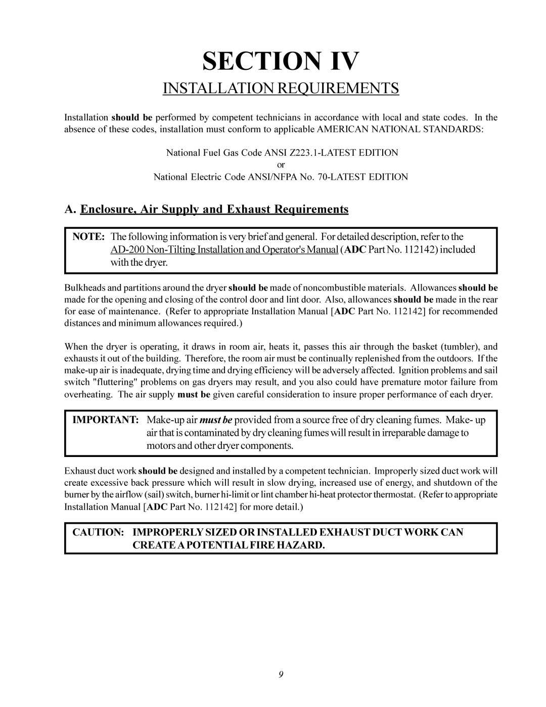 American Dryer Corp AD-200 service manual Installation Requirements, Enclosure, Air Supply and Exhaust Requirements 