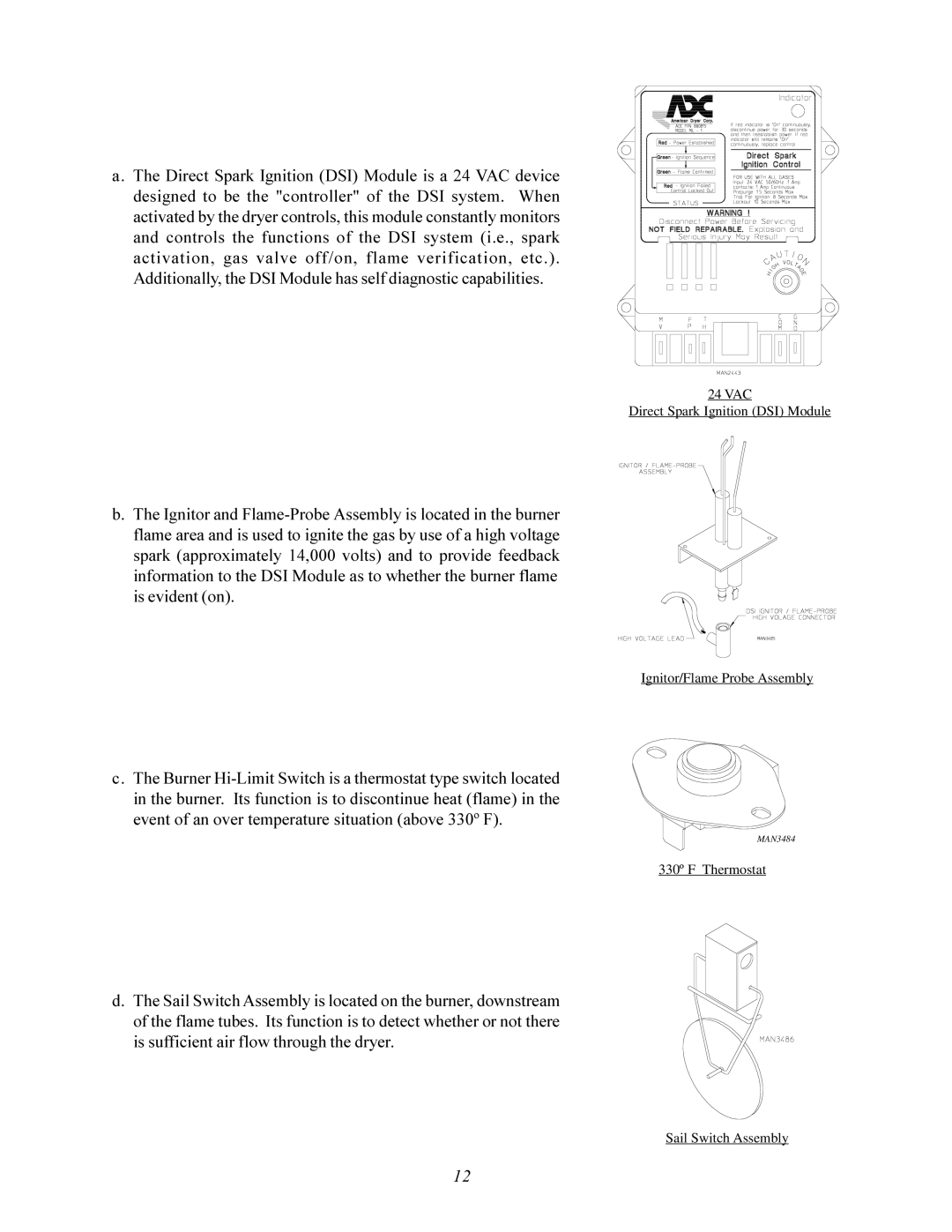 American Dryer Corp AD-200 service manual VAC Direct Spark Ignition DSI Module 