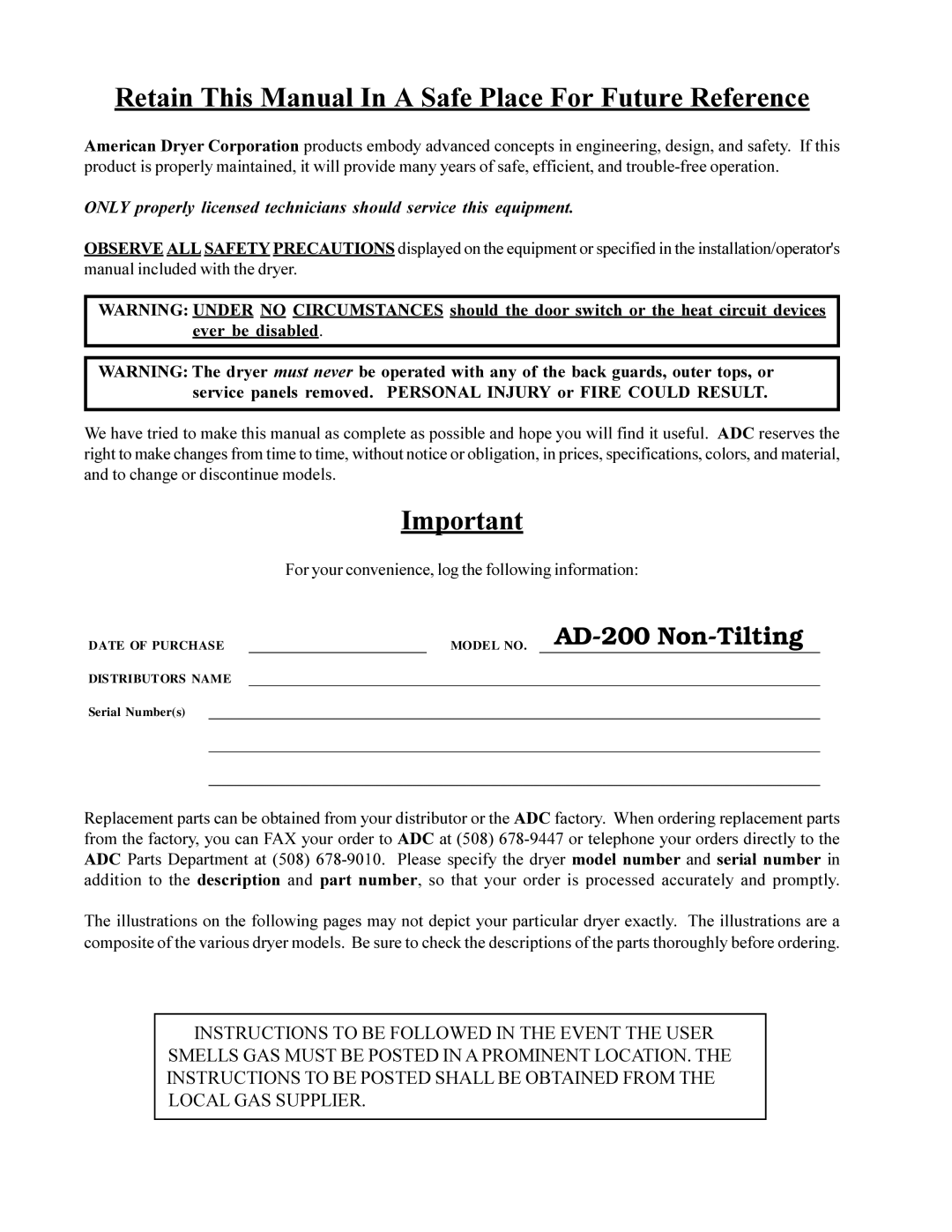 American Dryer Corp AD-200 service manual Retain This Manual In a Safe Place For Future Reference 