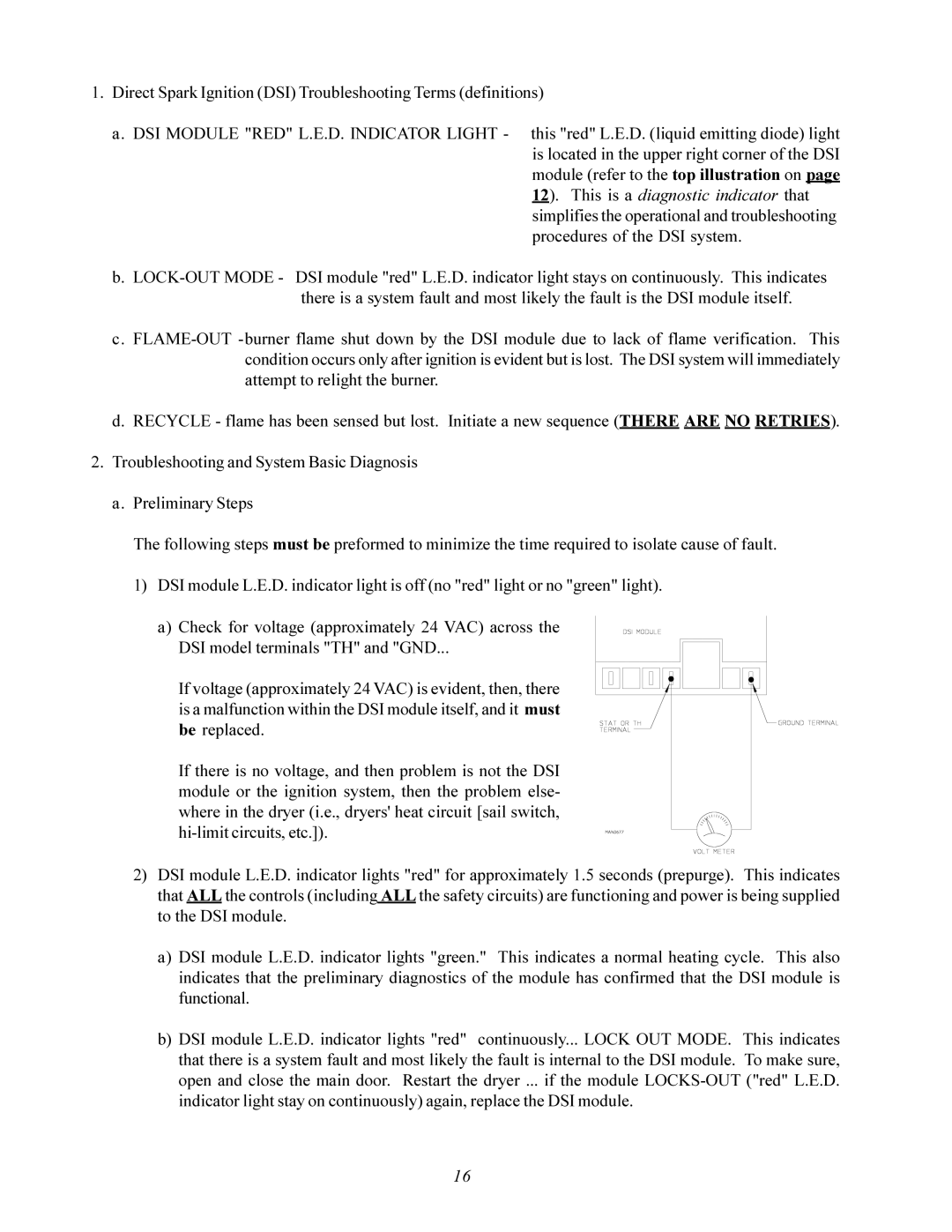 American Dryer Corp AD-200 service manual Direct Spark Ignition DSI Troubleshooting Terms definitions 