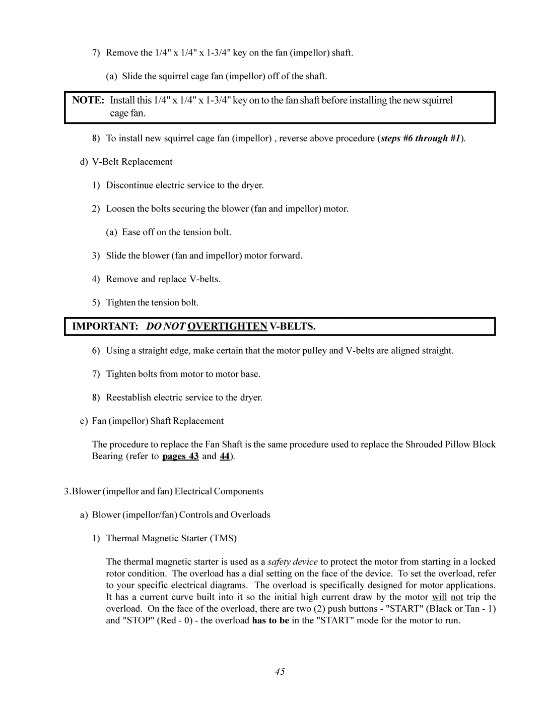 American Dryer Corp AD-200 service manual Important do not Overtighten V-BELTS 