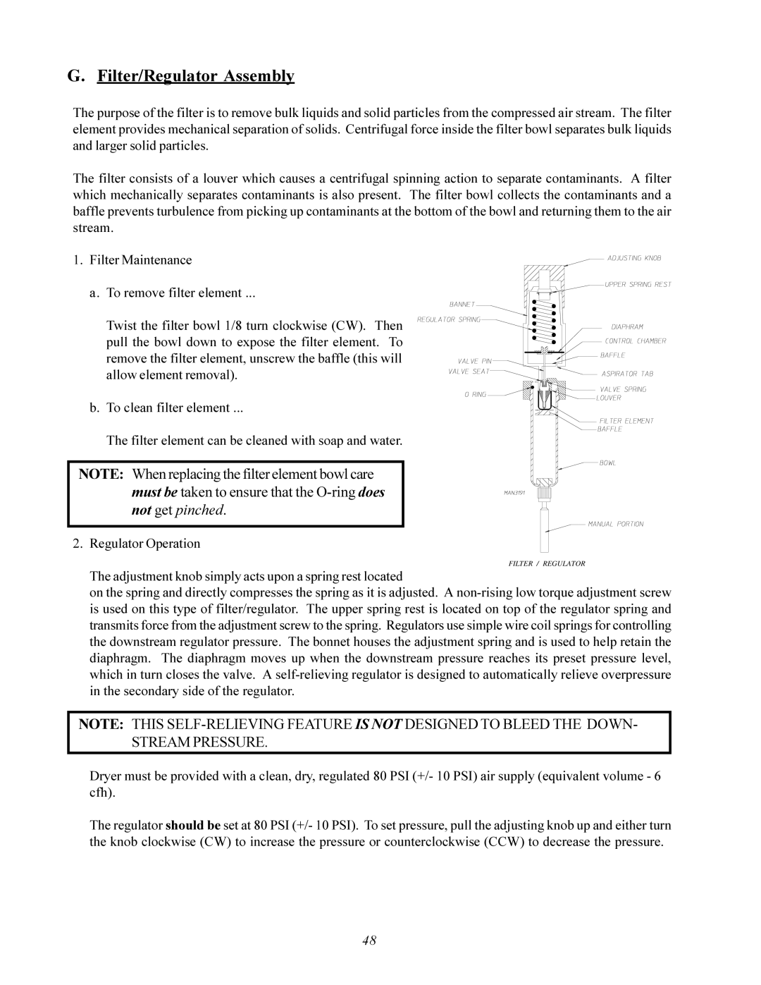 American Dryer Corp AD-200 service manual Filter/Regulator Assembly, Adjustment knob simply acts upon a spring rest located 