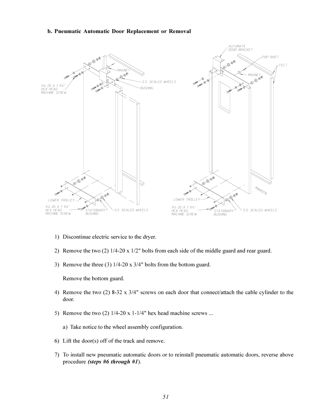 American Dryer Corp AD-200 service manual Pneumatic Automatic Door Replacement or Removal 