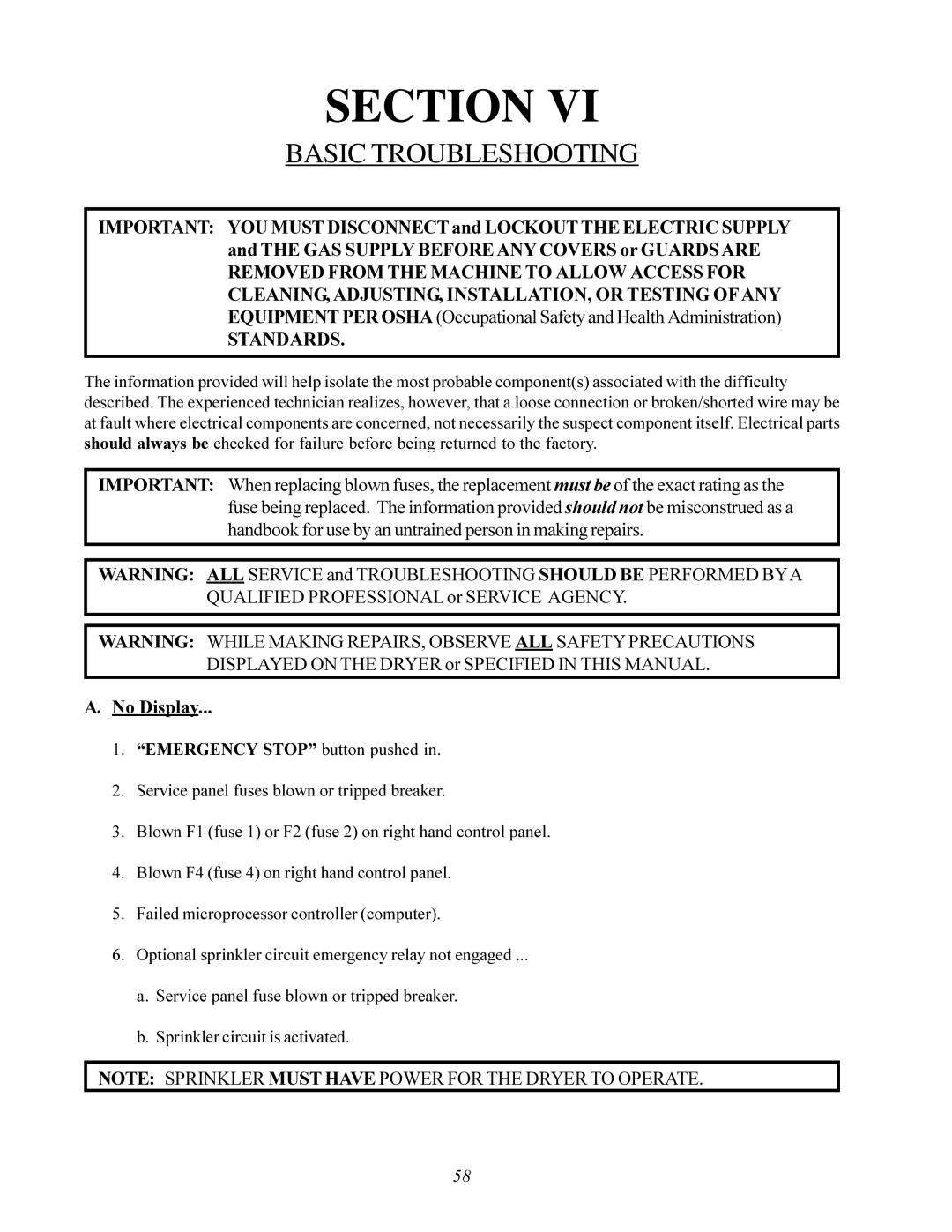 American Dryer Corp AD-200 service manual Section, Emergency Stop button pushed 