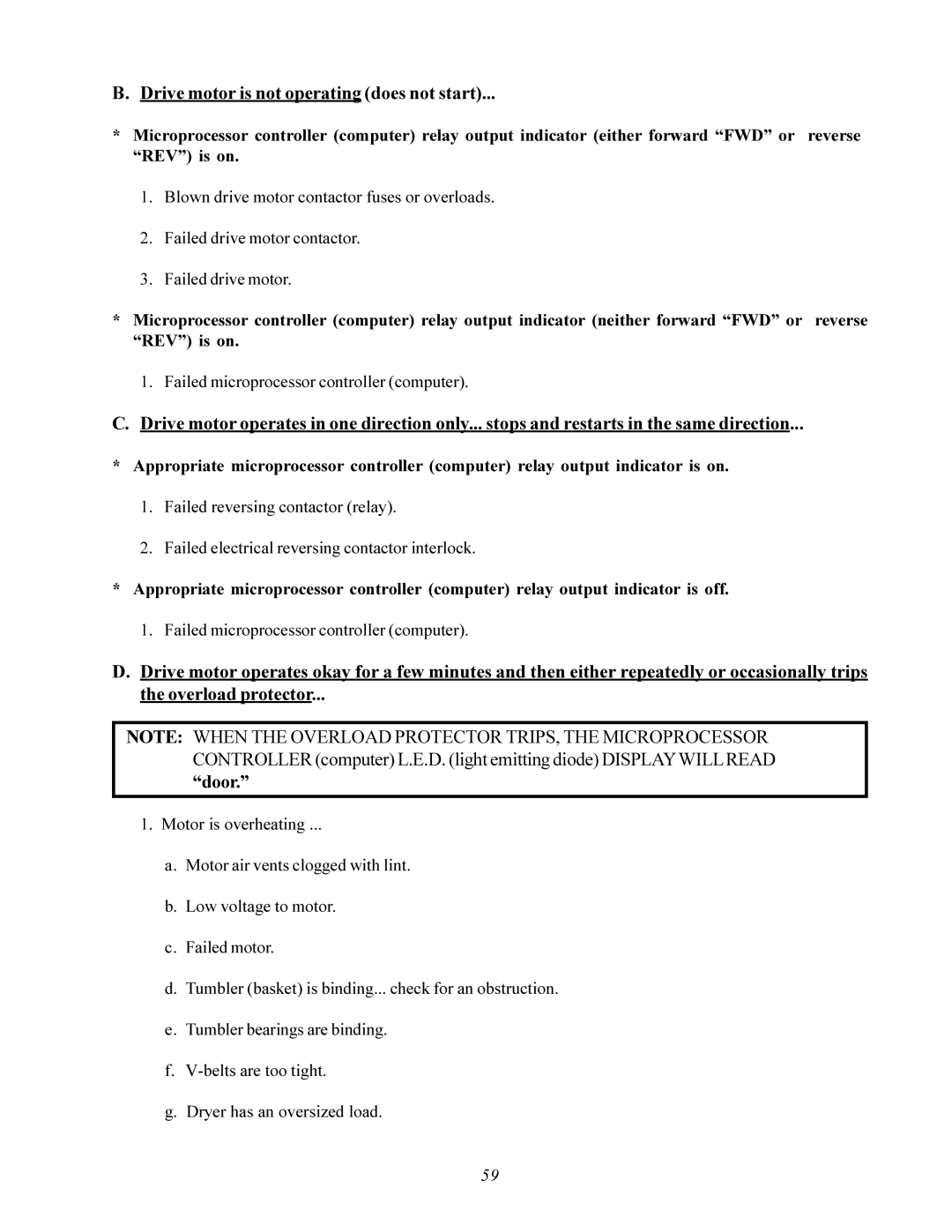 American Dryer Corp AD-200 service manual Drive motor is not operating does not start 