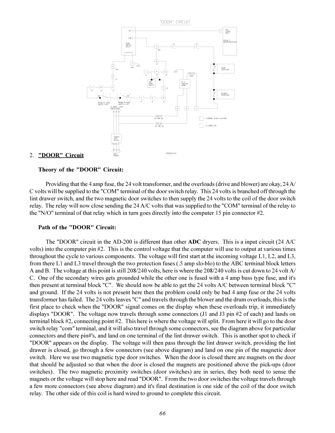 American Dryer Corp AD-200 service manual Door Circuit Theory of the Door Circuit, Path of the Door Circuit 