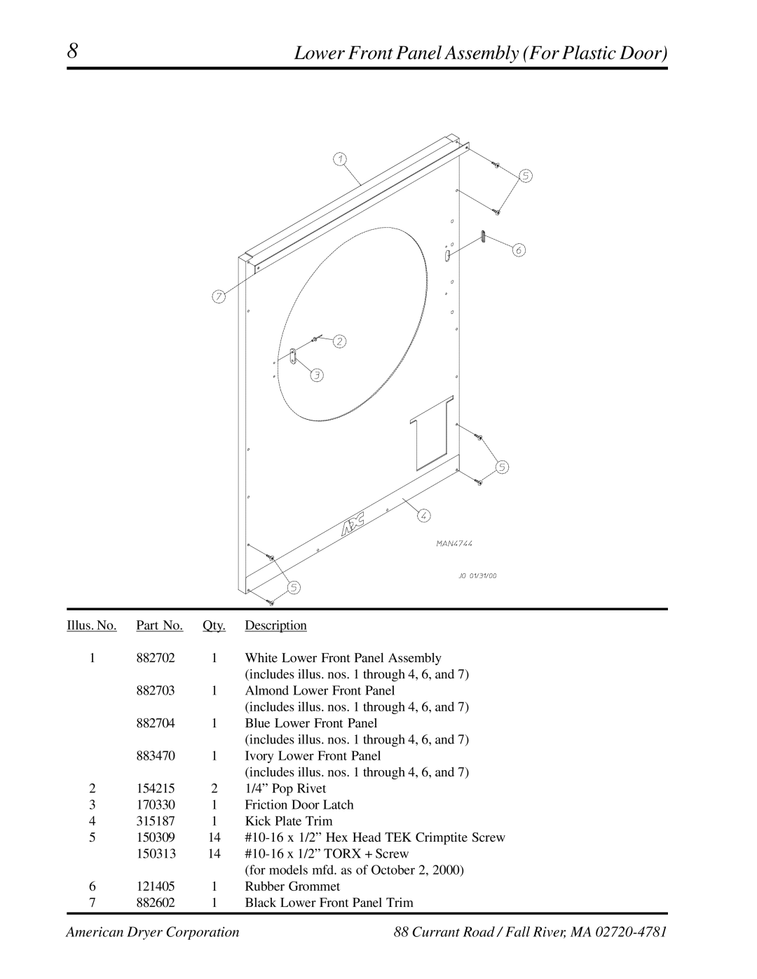 American Dryer Corp AD-236 manual Lower Front Panel Assembly For Plastic Door 