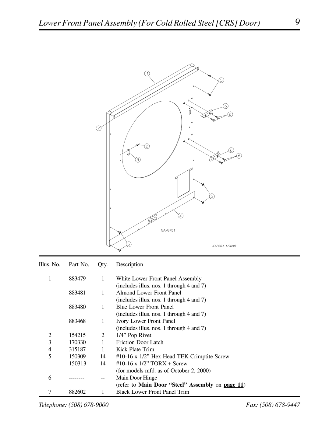 American Dryer Corp AD-236 manual Lower Front Panel Assembly For Cold Rolled Steel CRS Door 