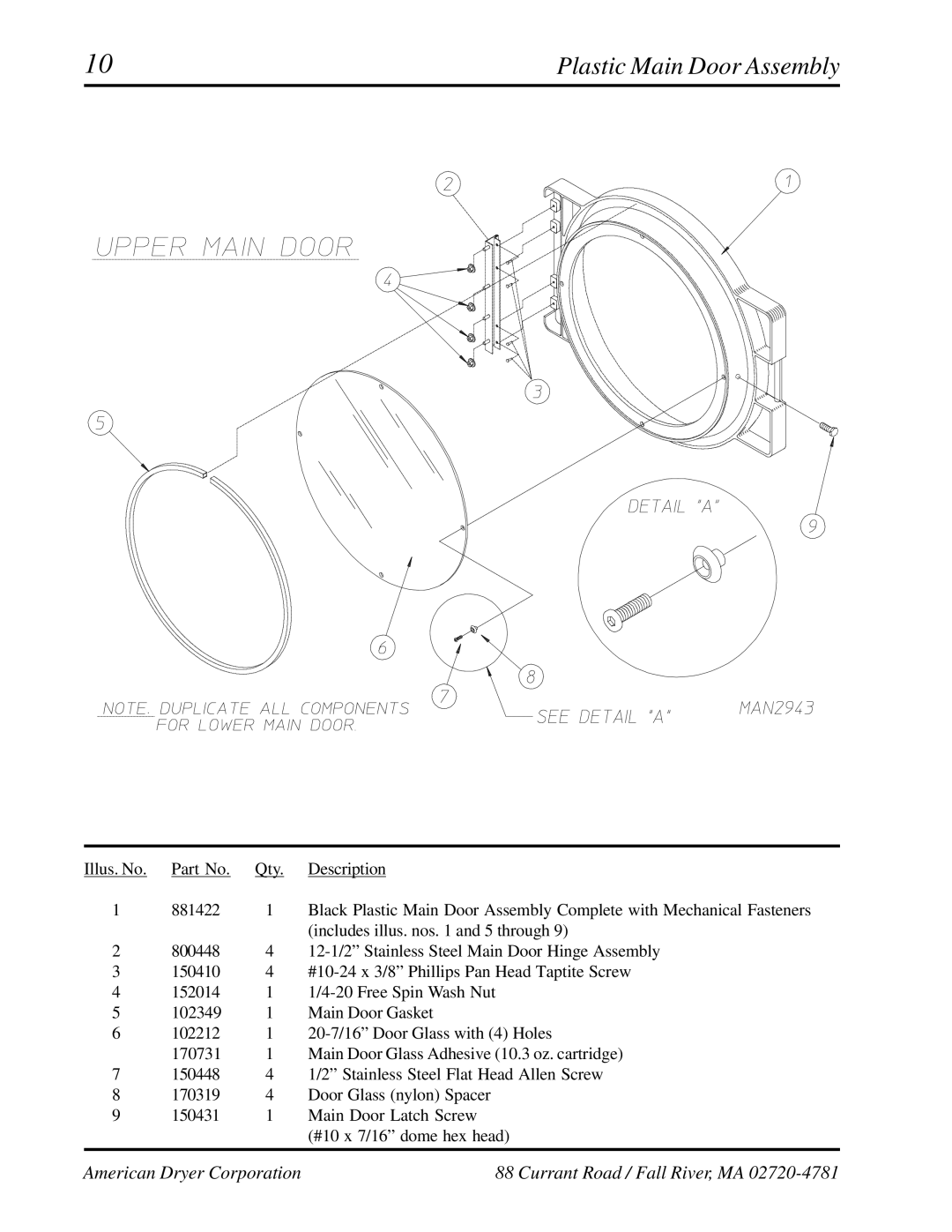 American Dryer Corp AD-236 manual Plastic Main Door Assembly 