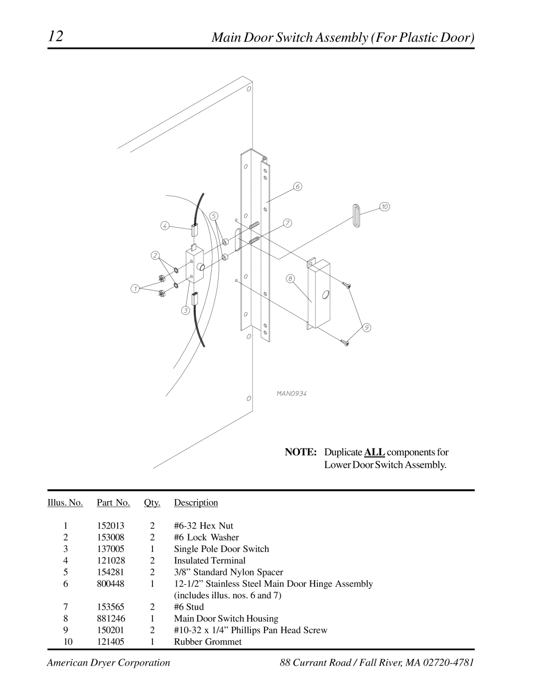 American Dryer Corp AD-236 manual Main Door Switch Assembly For Plastic Door, Lower Door Switch Assembly 