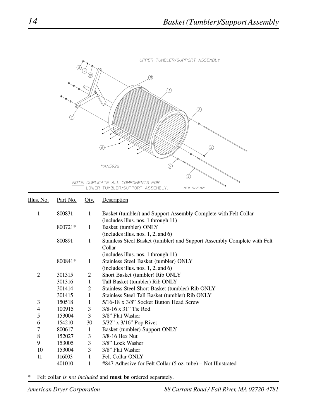 American Dryer Corp AD-236 manual Basket Tumbler/Support Assembly 